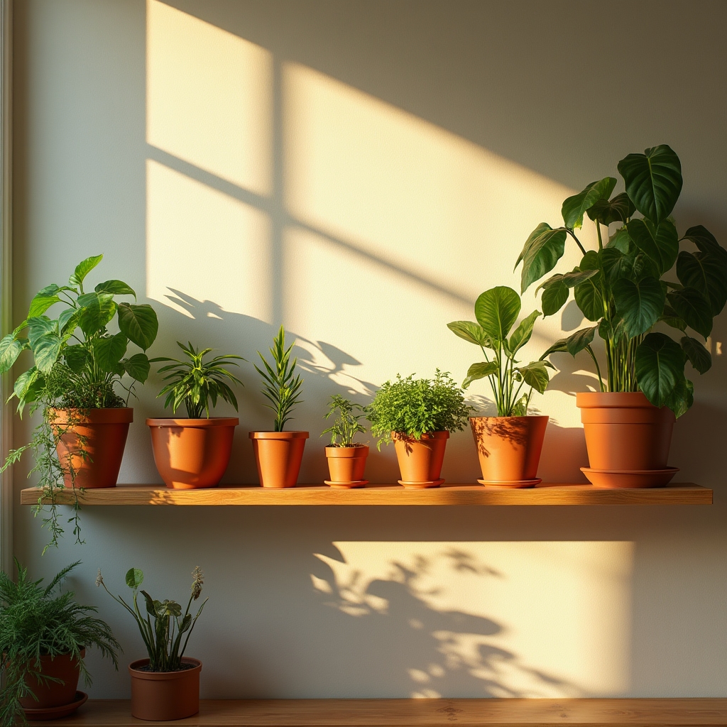 Collection of thriving house plants arranged on a sunlit windowsill shelf in a modern apartment