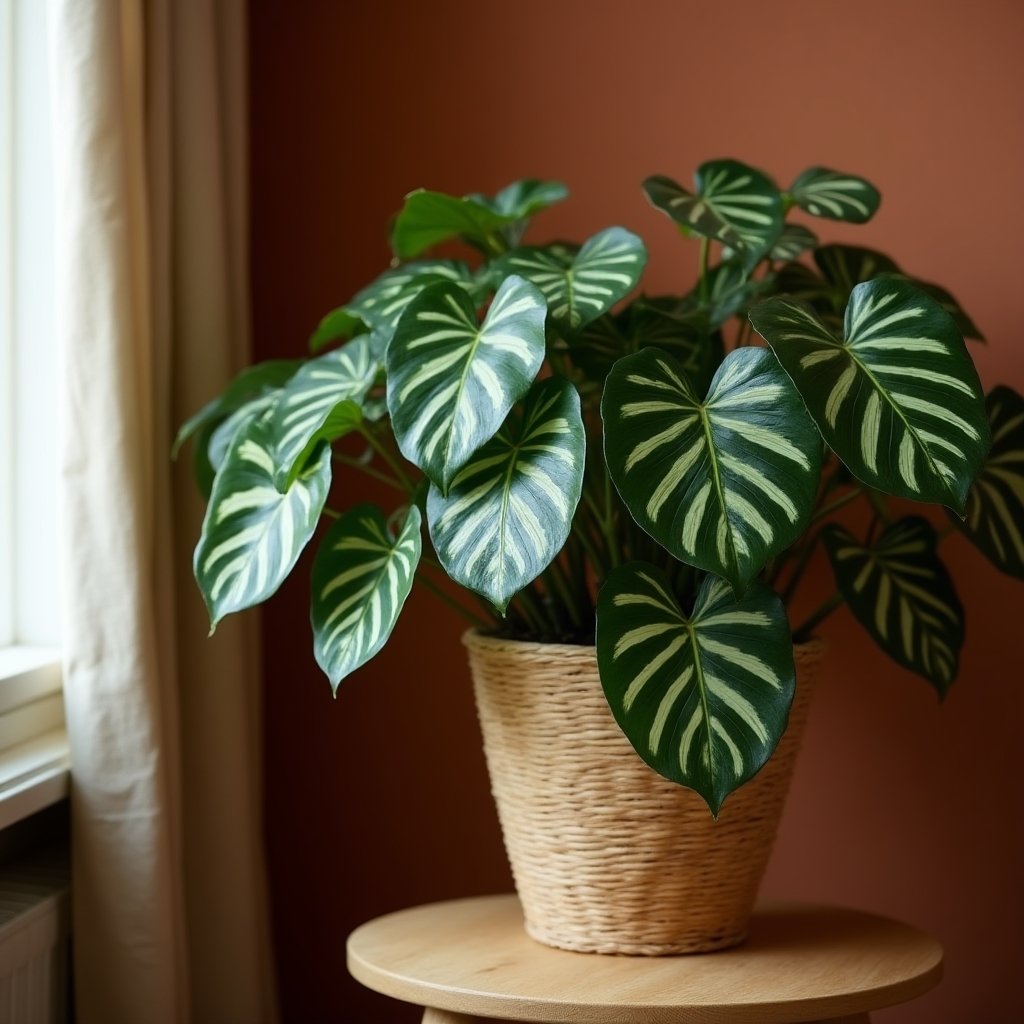Calathea plant with striking dark green and light green patterned leaves in a woven rattan pot on a side table