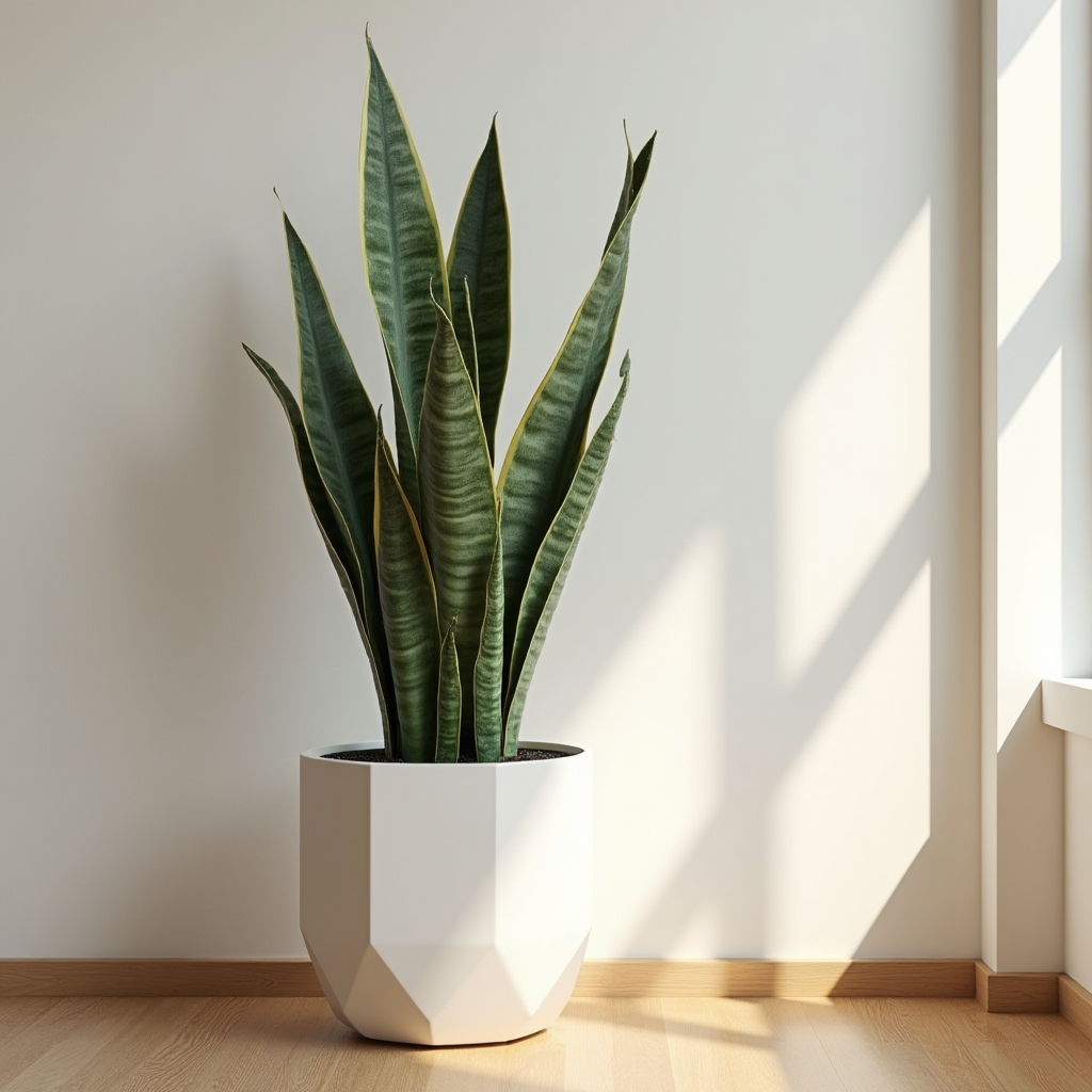 Tall Sansevieria snake plant in a modern geometric white ceramic pot on a minimalist wooden floor